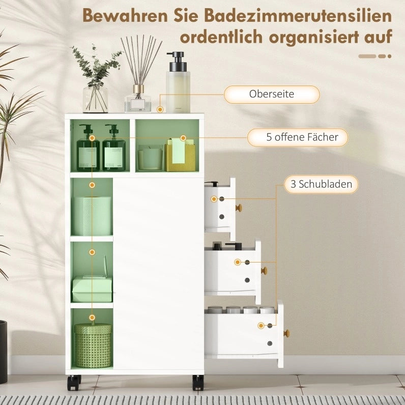 Mobile bagno stretto con ruote, 3 cassetti e 5 vani