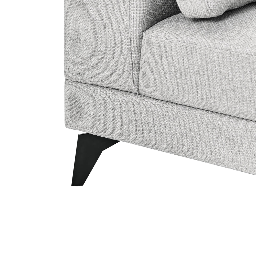 Divano angolare moderno con bracciolo sinistro Rivestimento in lino sintetico idrorepellente Gambe in ferro nero con cuscini grigio
