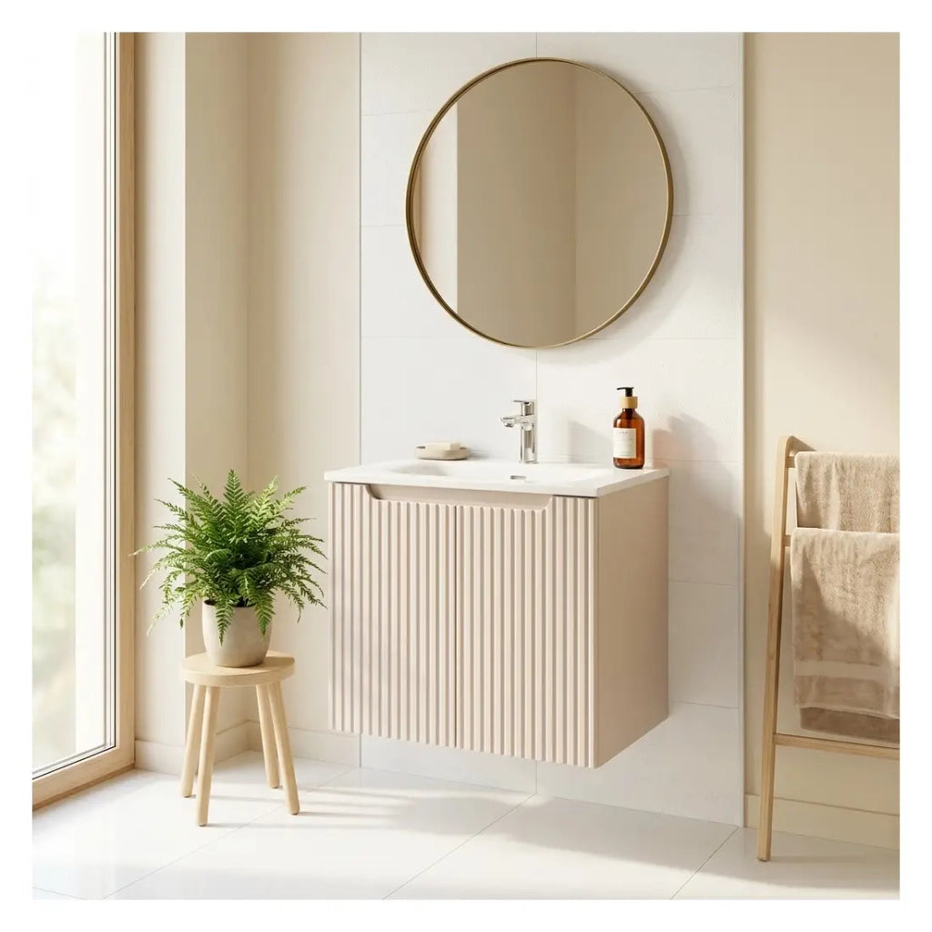 Set bagno VANO cachemire e bianco 60cm: mobile sotto lavabo con ante scanalate verticalmente + lavabo incassato