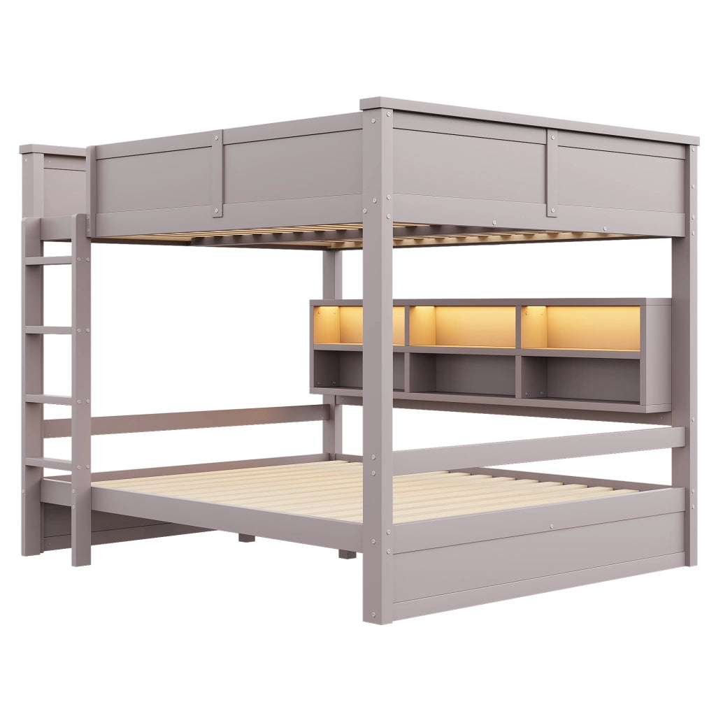 Letto a Castello 160x200 cm con 6 Armadietti e Luce LED; in MDF e Legno Massello; Marrone