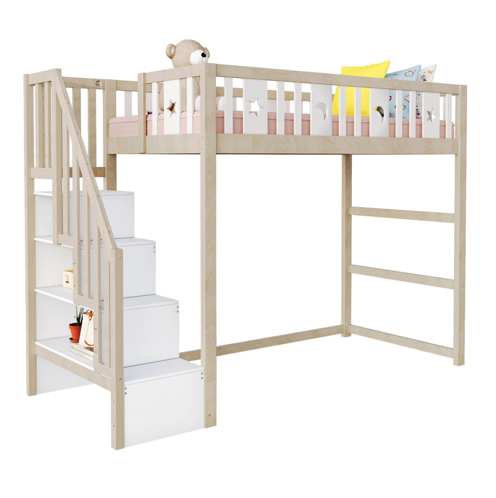Letto a soppalco per bambini 90x200 cm in legno massello; con scala e ripiani; bianco/naturale