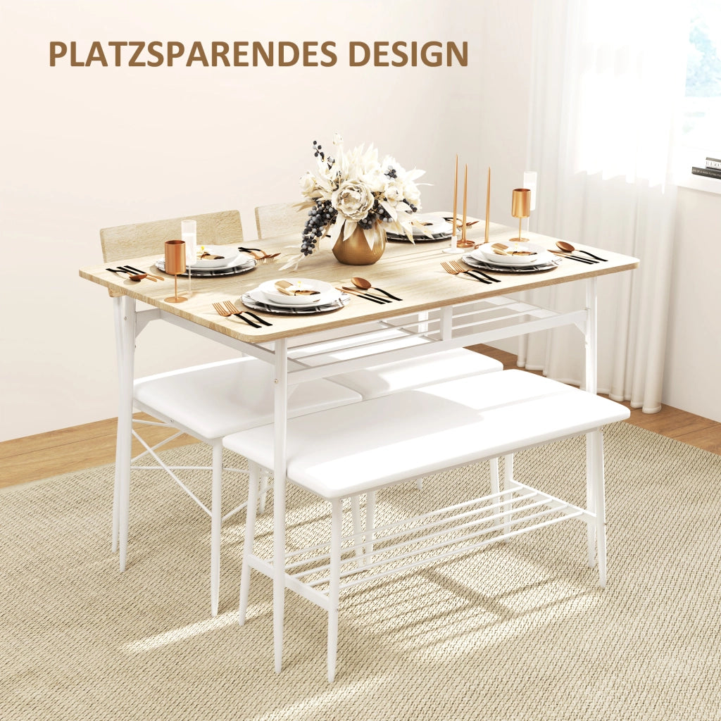 Tavolo da pranzo per 4 persone con 2 sedie e panca, ripiani contenitore, per cucina e sala da pranzo, rovere