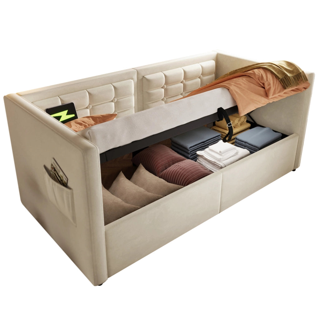 Letto divano imbottito 90x200 cm con contenitore idraulico, ricarica USB e Type-C, beige
