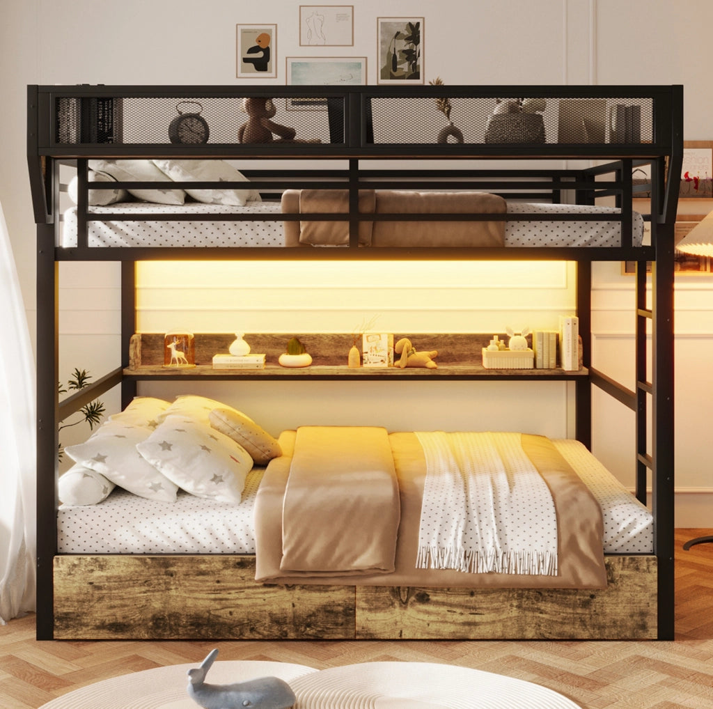 Letto a castello 204x163x176.5 cm con LED; cassetti e ripiano in MDF e metallo nero