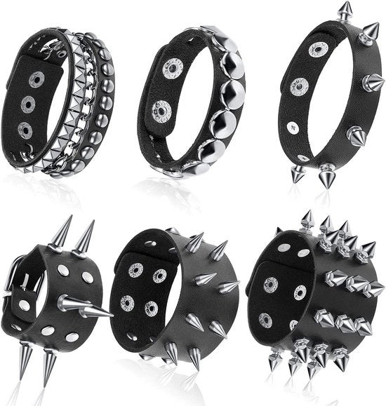 Set di Bracciali in Pelle Nera da 6 - Stile Punk con Chiodi - Accessori per Uomini/Donne - Adatto per Feste/Festival - Bracciale con Chiodi