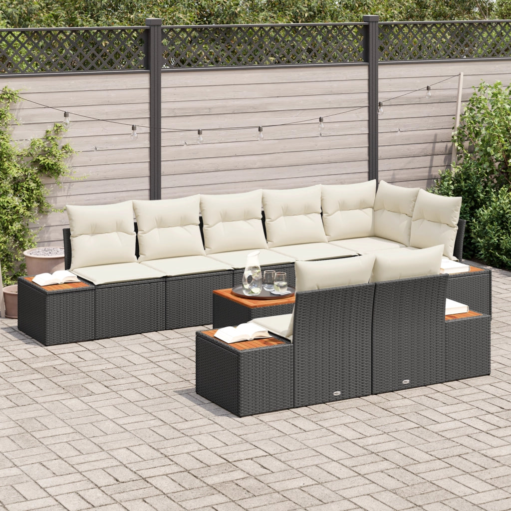 Set di divano da giardino 9 pezzi con cuscini neri in polirattan e acacia