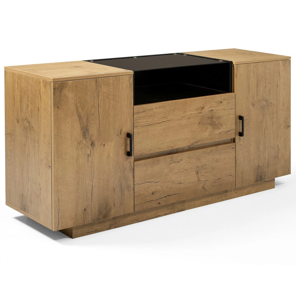 Credenza Sideboard con 2 Cassetti e 2 Ante in Vetro ESG ¨C MINIMAL ¨C Effetto Rovere/Nero, 140x70x40 cm