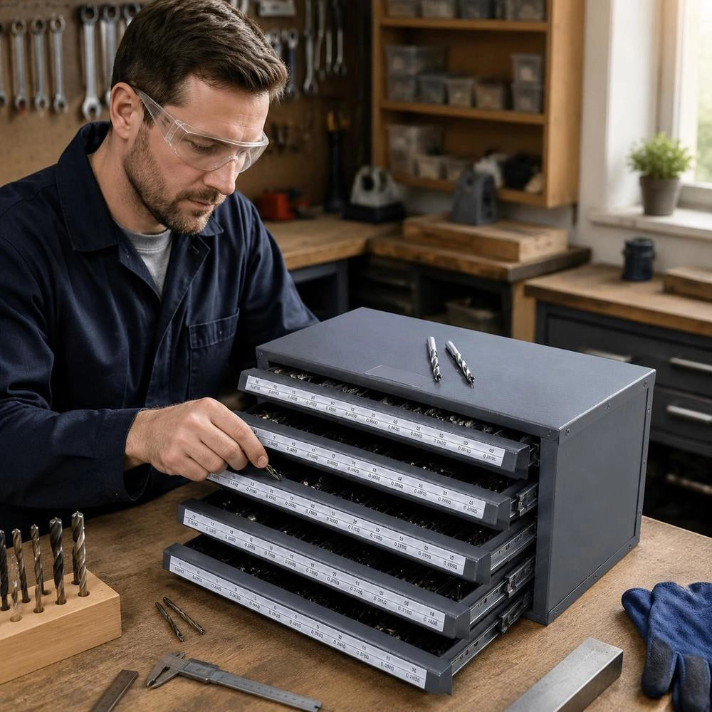 Drill Dispenser Cabinet, Drill Organizer With Five Drawers For Drill Bits No. 1 To No. 60, Made Of Steel With Labels, Stackable Drill Dispenser For Storing Engraved Drill Bits
