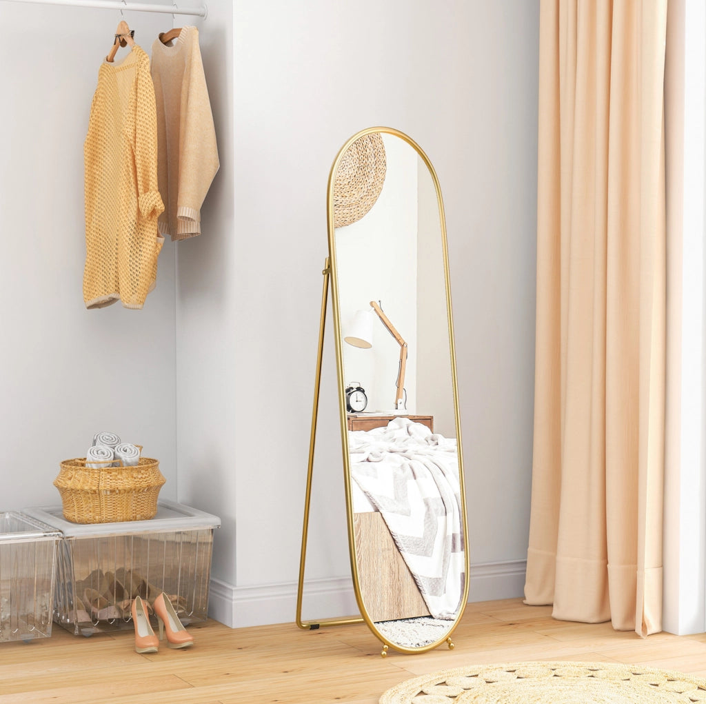 Specchio da terra ovale ULEVR 160x40 cm con supporto pieghevole e cornice in metallo dorata