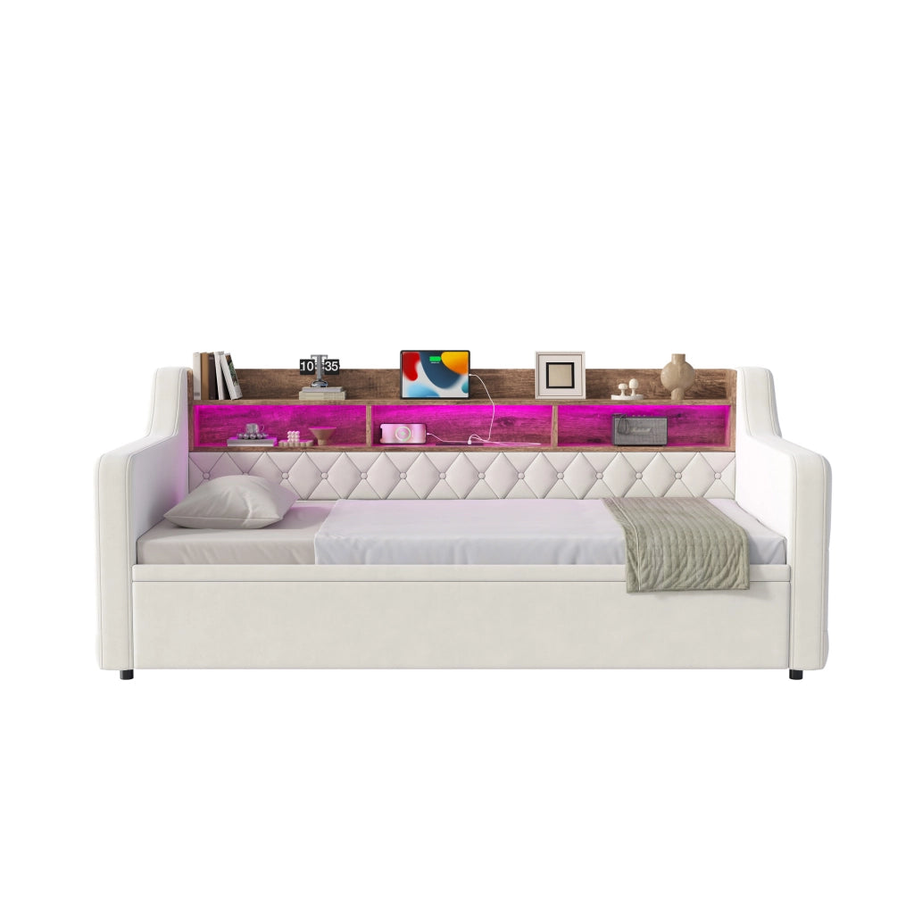 Divano letto 90x190 cm estraibile; testiera contenitore; LED; USB e Type-C in velluto beige