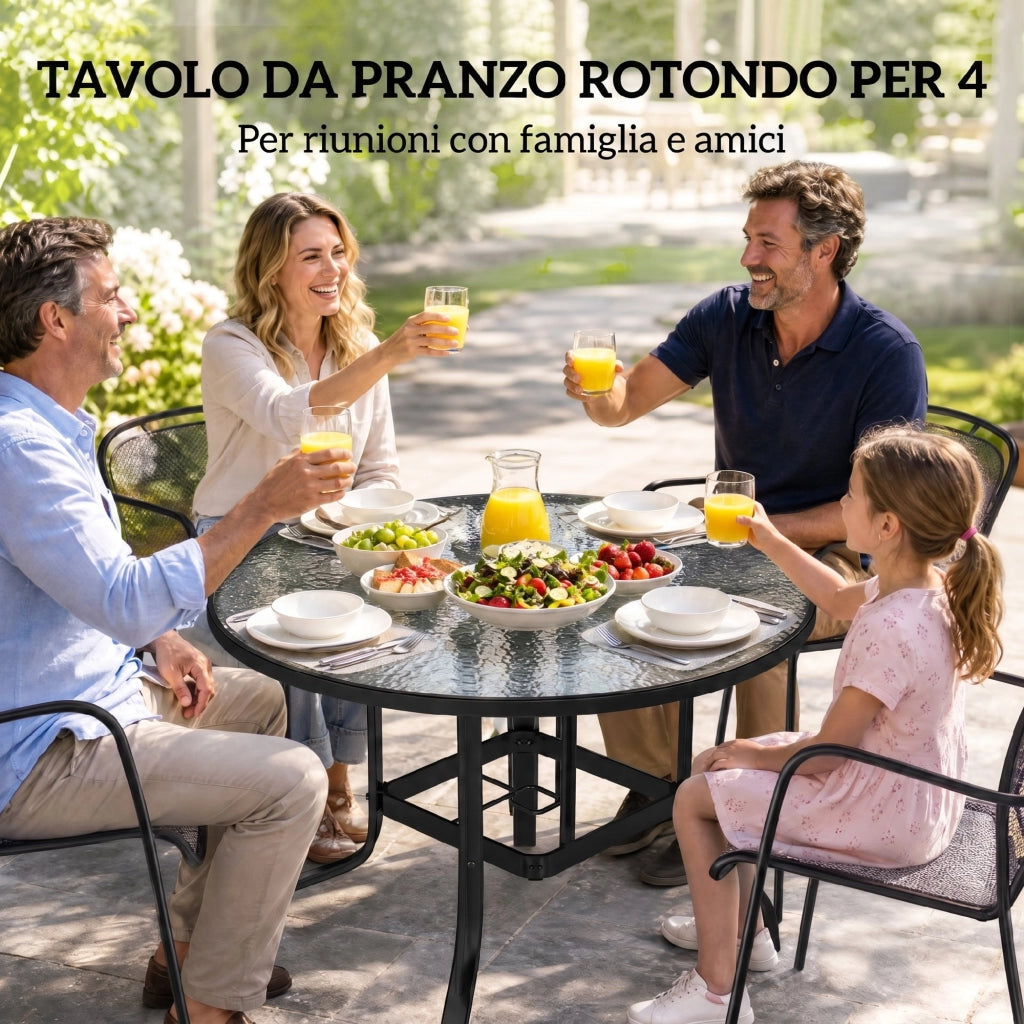 Tavolino da Giardino Rotondo con Foro per Ombrellone, in Metallo e Vetro Temperato, ?96.5x71 cm, Nero