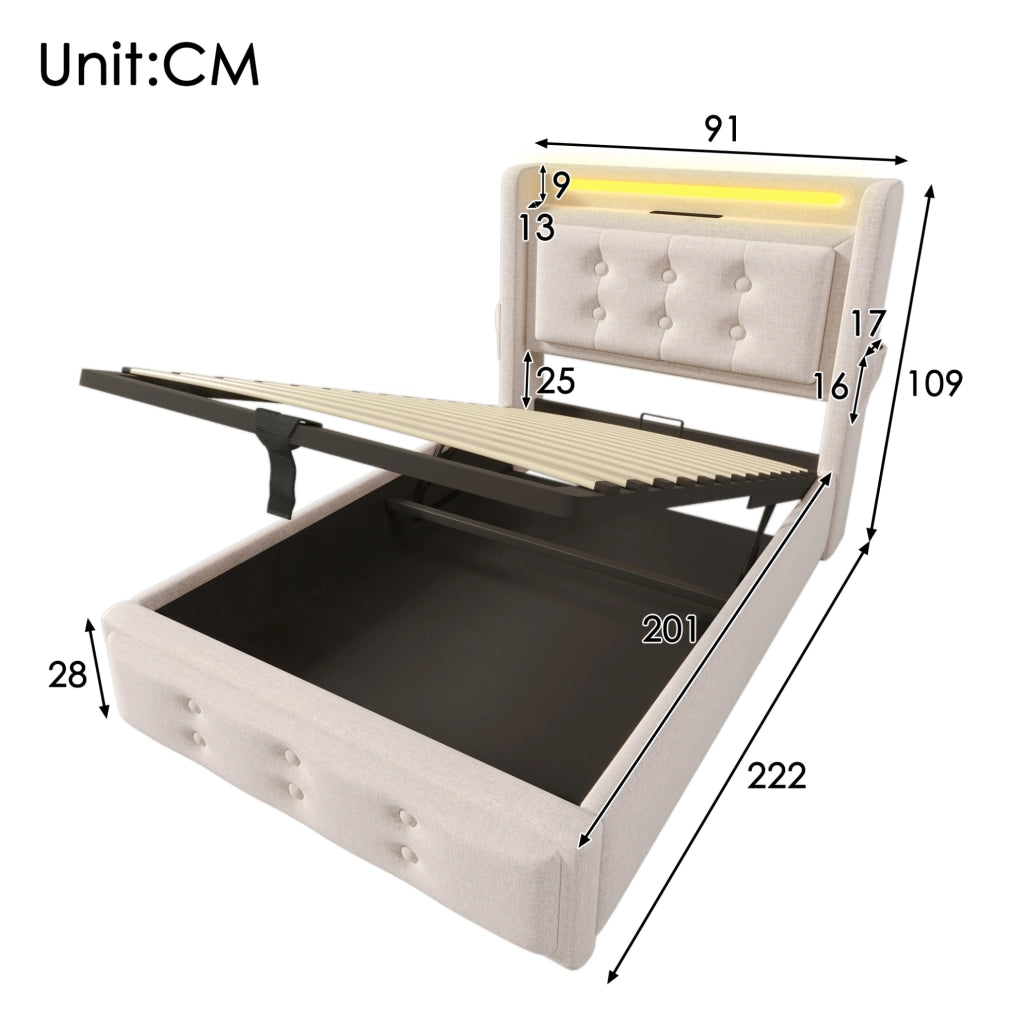 Letto singolo 90x200 con LED, prese e materasso incluso