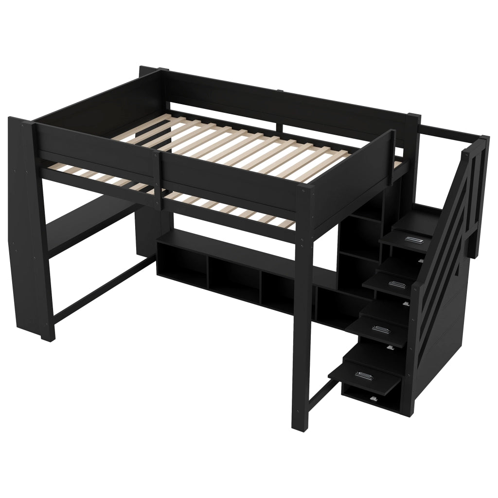 LETTO A SOPPALCO con scrivania e scale contenitore 140x200 cm nero