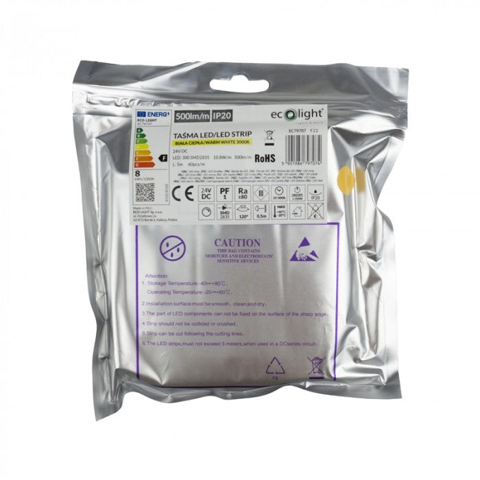 Striscia LED 10,8W/m 3000K 24V IP20 5m dimmerabile Ecolight