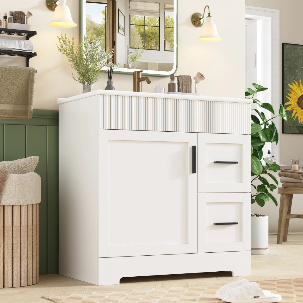 Mobile sottolavabo da bagno con lavabo in ceramica, 2 cassetti e ripiani regolabili, per bagno, bianco, 81,5 × 47 × 85,5 cm