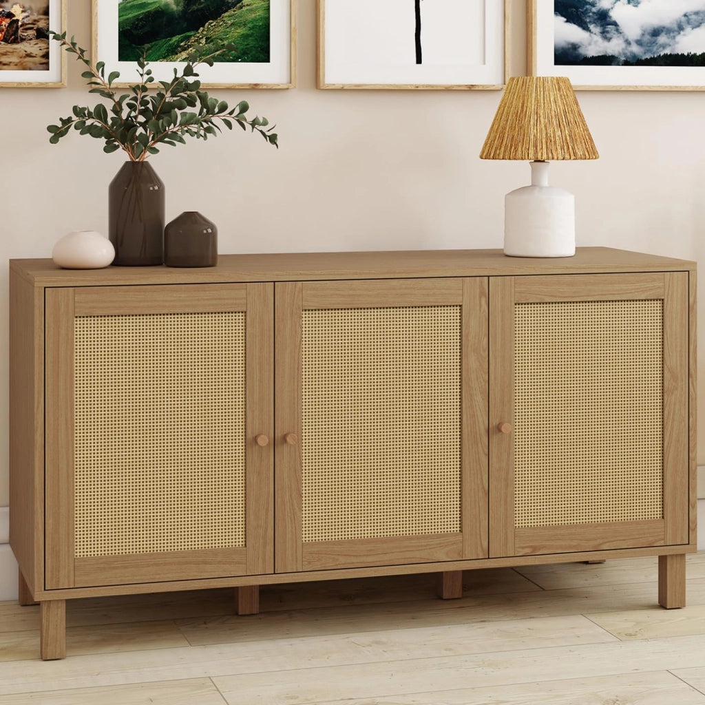 HANAE Aparador bajo vintage de 3 puertas con efecto caña natural 113 cm