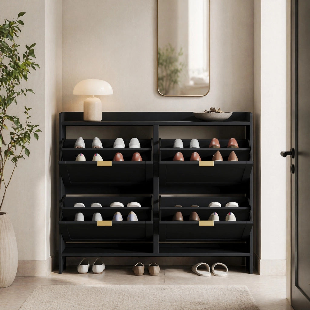 Scarpiere moderna nera con 4 ante a ribalta; vano estraibile e ripiani regolabili; 110x24x90 cm