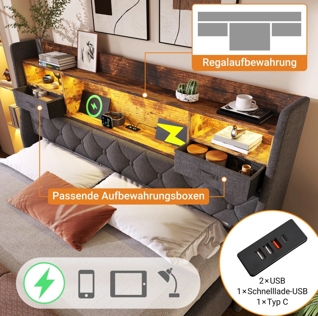 Letto matrimoniale contenitore 160 × 200 cm con LED; USB e Type-C; lino grigio