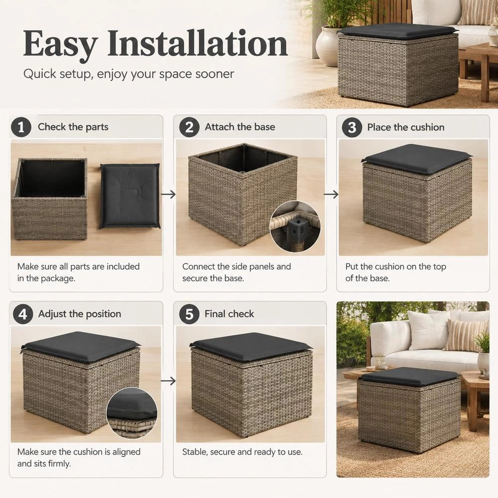 Garden Stool With Cushion, Grey, 55x55x37 Cm, Poly Rattan