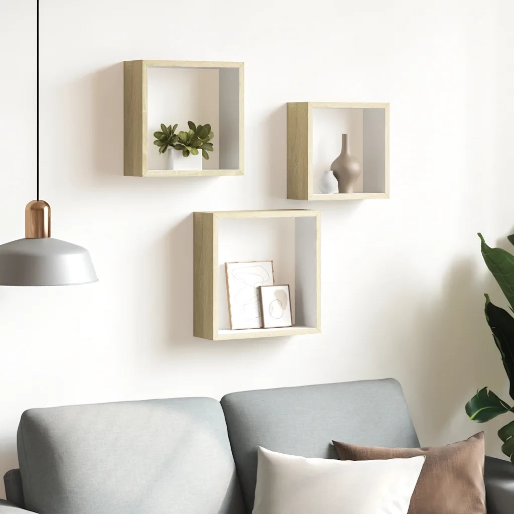 Mensole da Parete a Cubo 3 pz Bianco e Rovere Sonoma cod mxl 33001