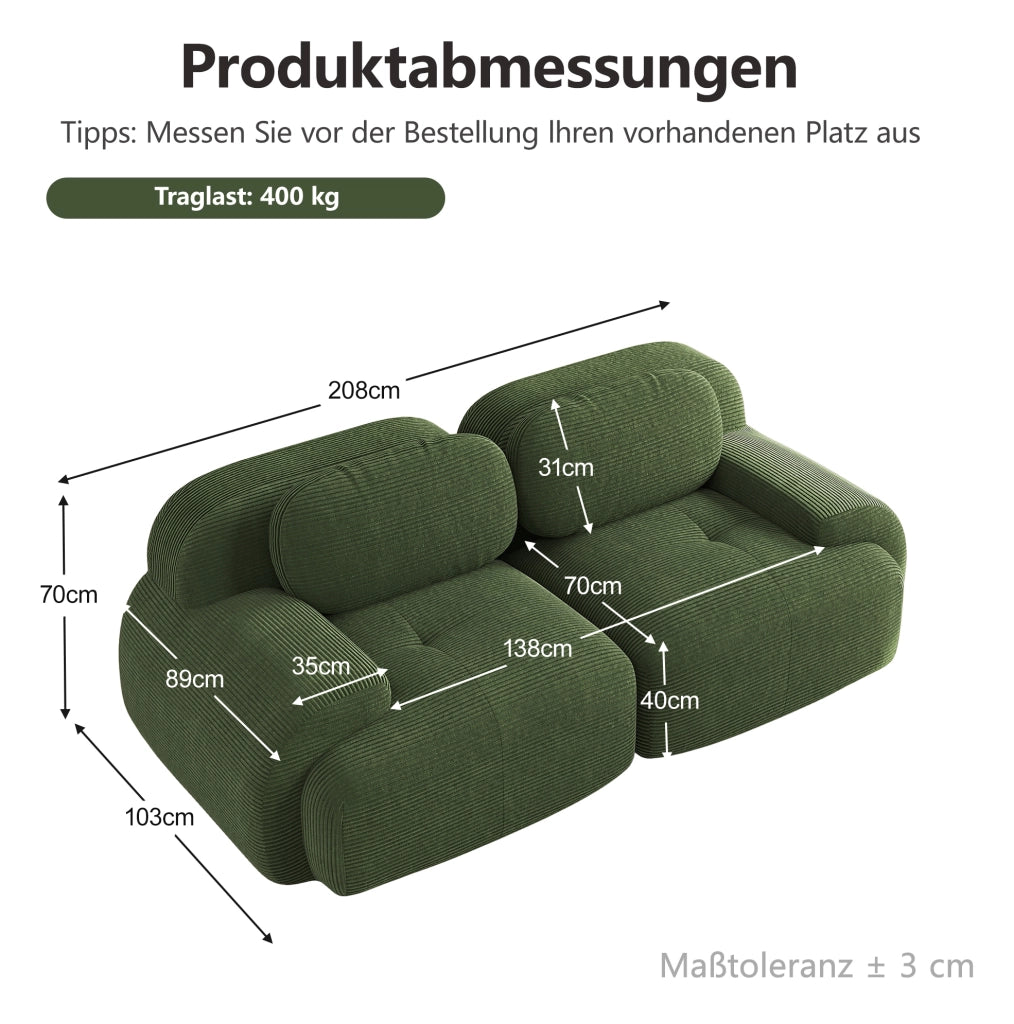 Divano modulare ad angolo 208x103x70 cm in tessuto velluto a coste verde; senza telaio