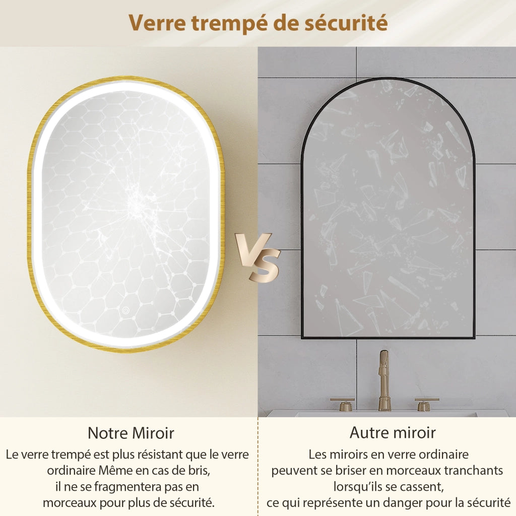Armadietto da Bagno con Specchio e LED ¨C zephmum ¨C Dorato 50x14.5x70cm