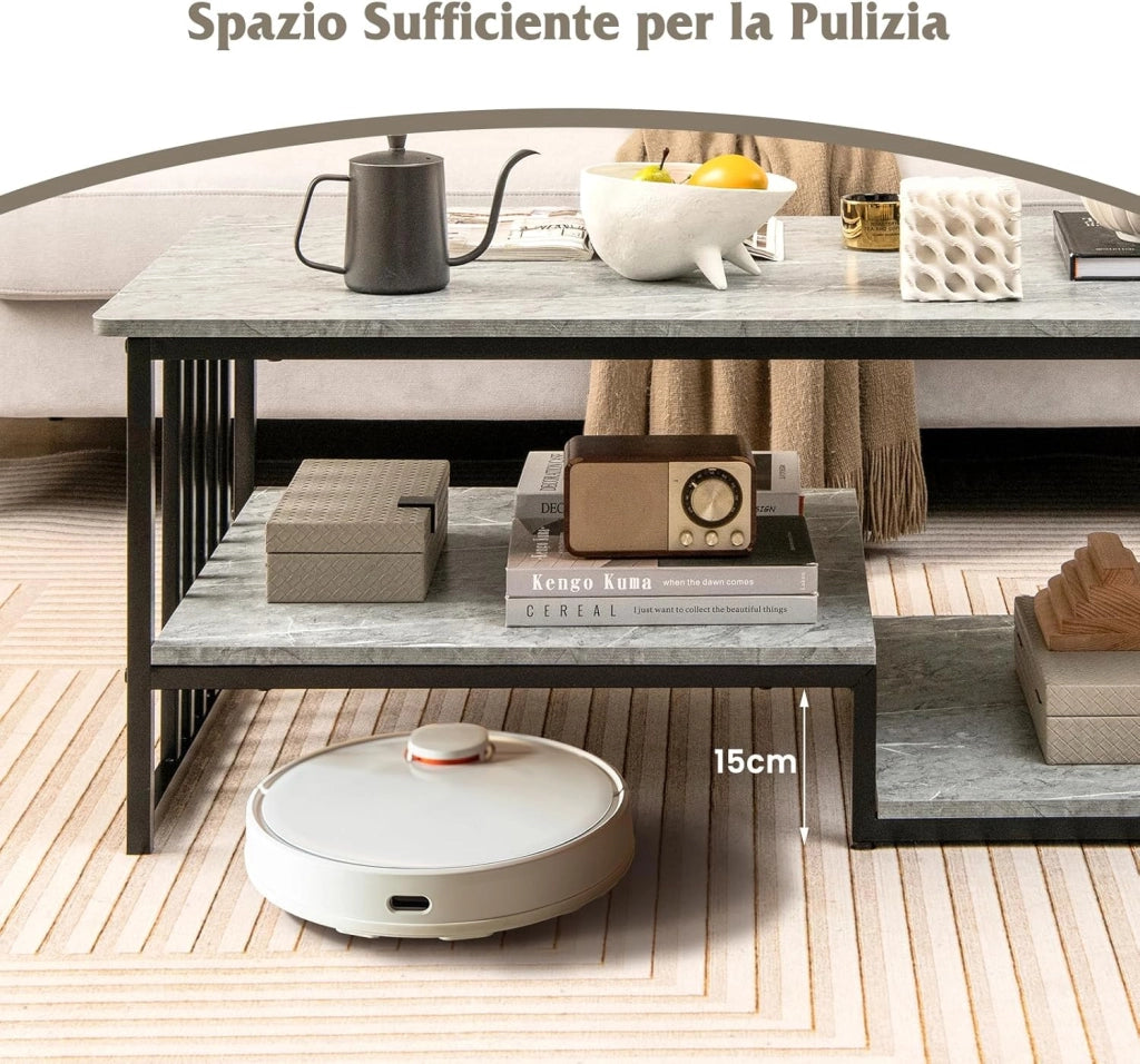 Tavolino da Salotto Effetto Marmo, Tavolino Rettangolare a 2 Piani con Mensola Aperta, Tavolino Lungo e Moderno con Struttura in Metallo per Casa e Ufficio, Grigio