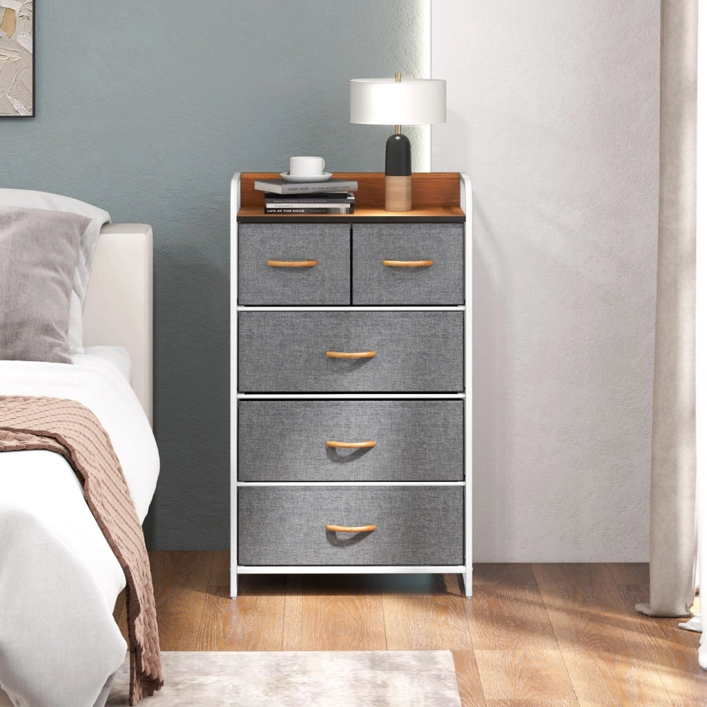Cassettiera con 5 cassetti pieghevoli in tessuto, Organizer a 4 livelli con superficie in legno per ingresso Grigio-Cassettiere