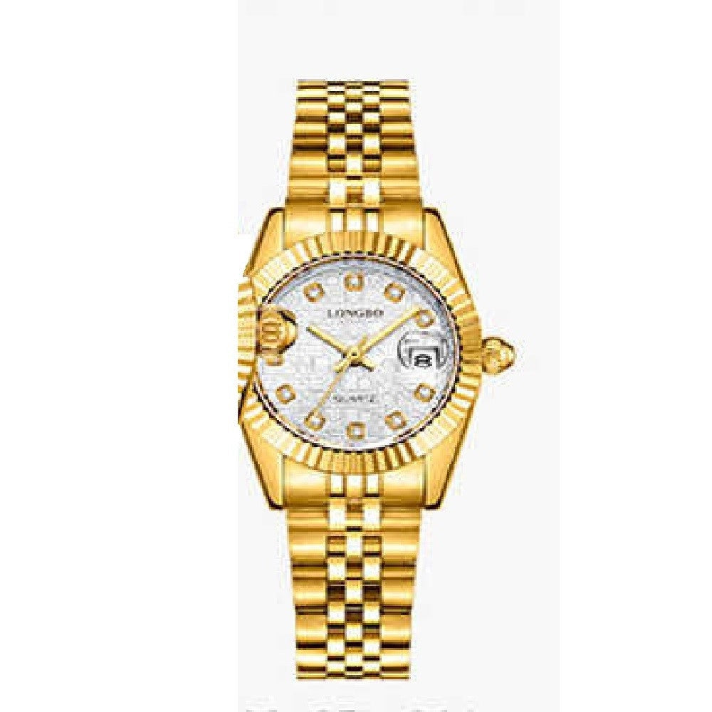 Trade Shop - Orologio Uomo Donna Longbo 80435 In Acciaio Con Strass Impermeabile Dorato Bianco -
