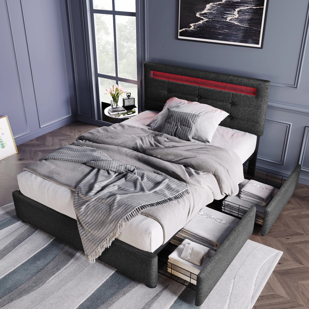 Letto singolo 90x200 cm con LED e 2 cassetti; testiera regolabile; tessuto in lino grigio