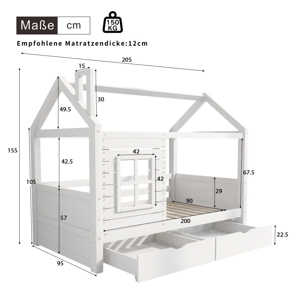Letto a casetta per bambini 90x200 cm bianco con cassetti