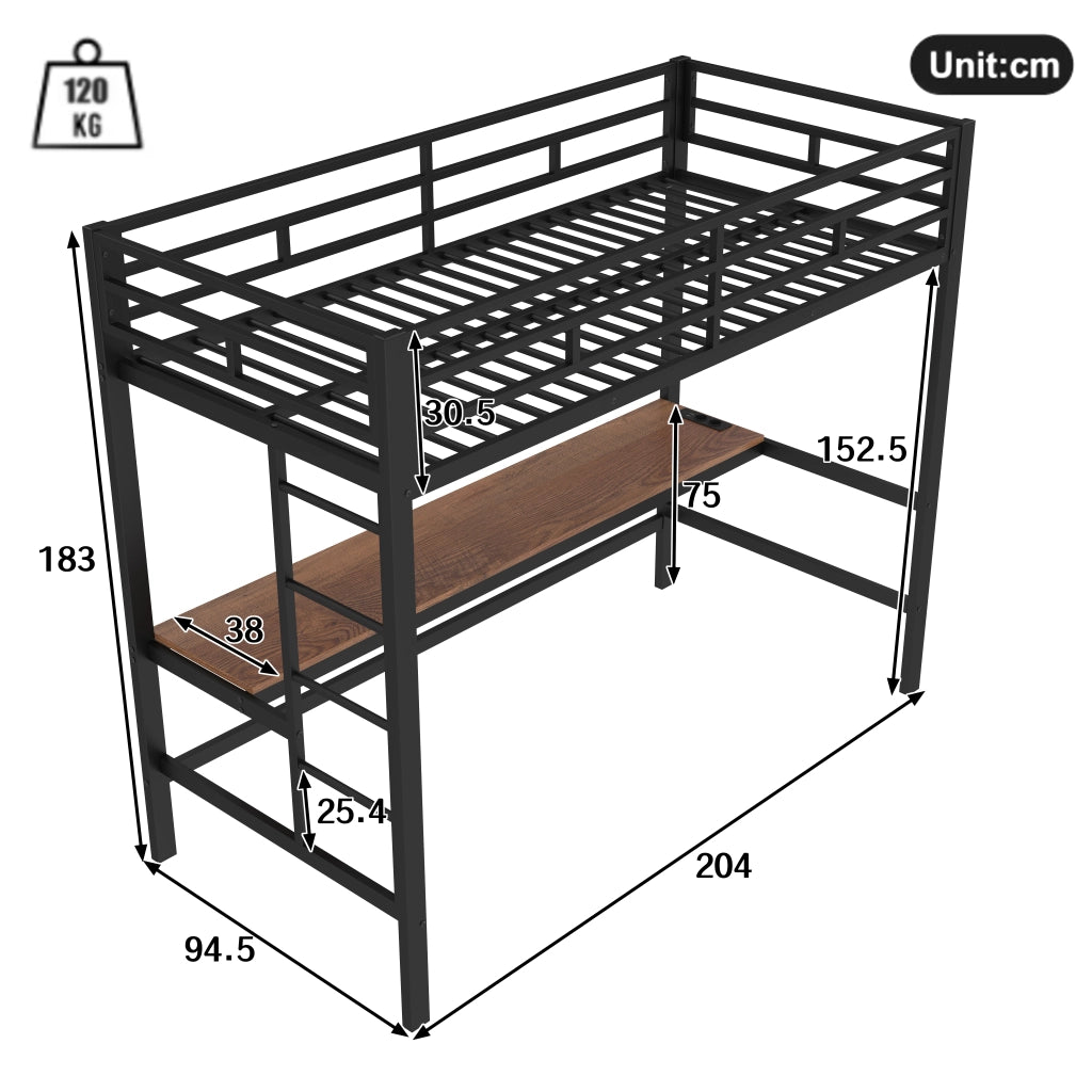 Letto a soppalco singolo 90×200 cm con scala; scrivania; LED; USB e Type-C; senza materasso; metallo; nero