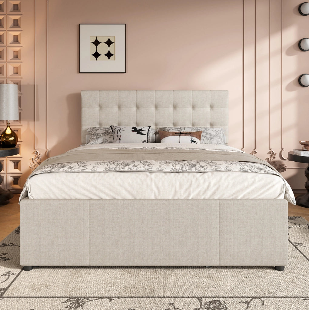 Letto matrimoniale imbottito 140x200 cm beige con letto estraibile e 3 cassetti