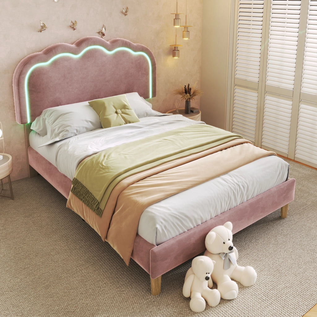 LETTO LED 90x190 cm in velluto rosa con testiera regolabile