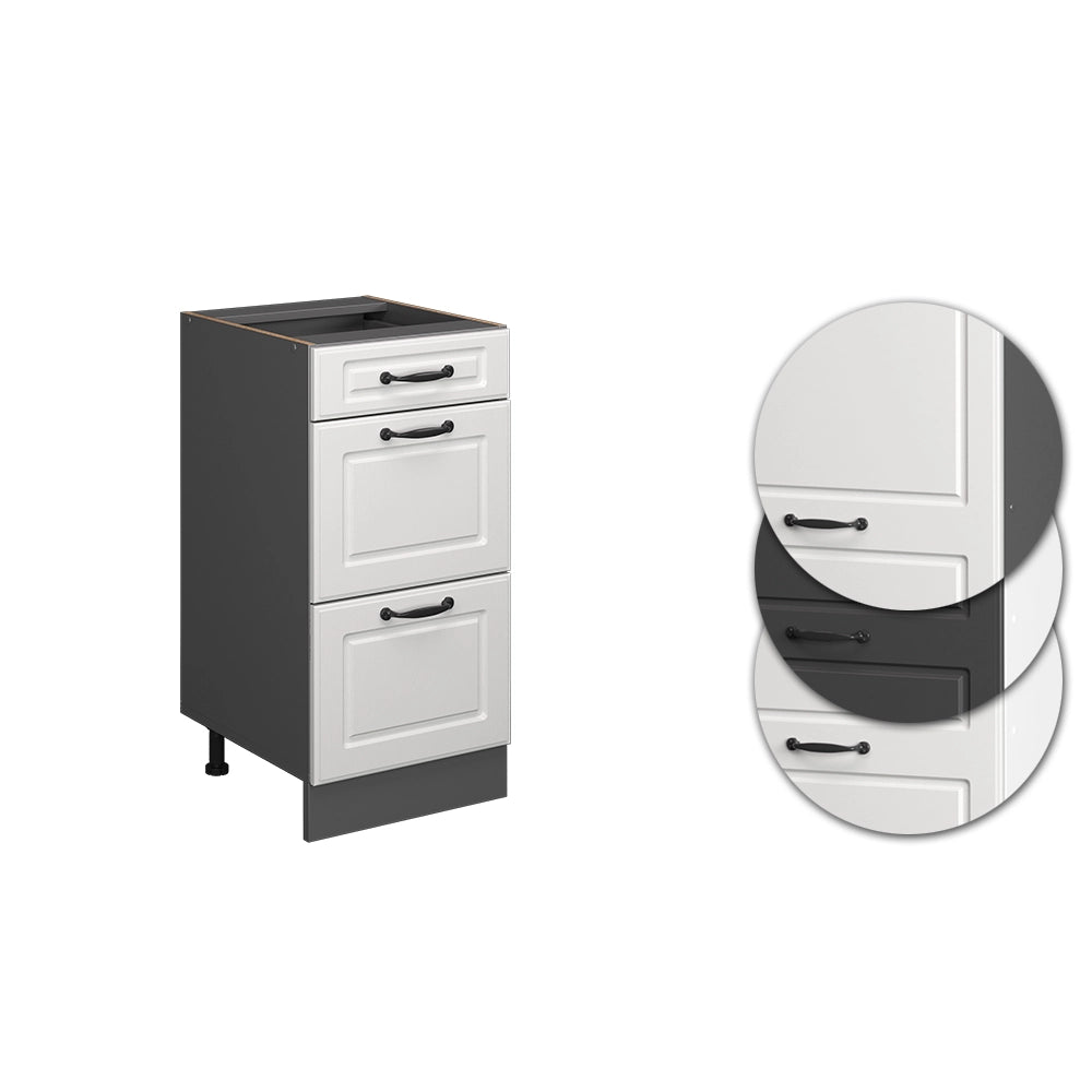 Mobiletto base per cucina R-Line Bianco rustico/Antracite 40 cm con cassetti, senza piano di lavoro Vicco