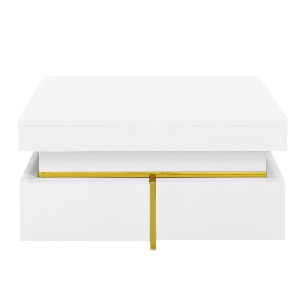 Tavolino da caffè lucido bianco con 2 cassetti e dettagli dorati; 70 x 70 x 35;5 cm