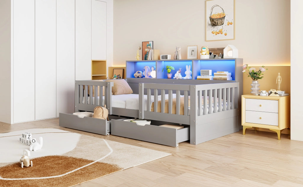 Letto per bambini 90 × 200 cm con barriera di sicurezza, 2 cassetti, ripiani e LED, senza materasso, grigio