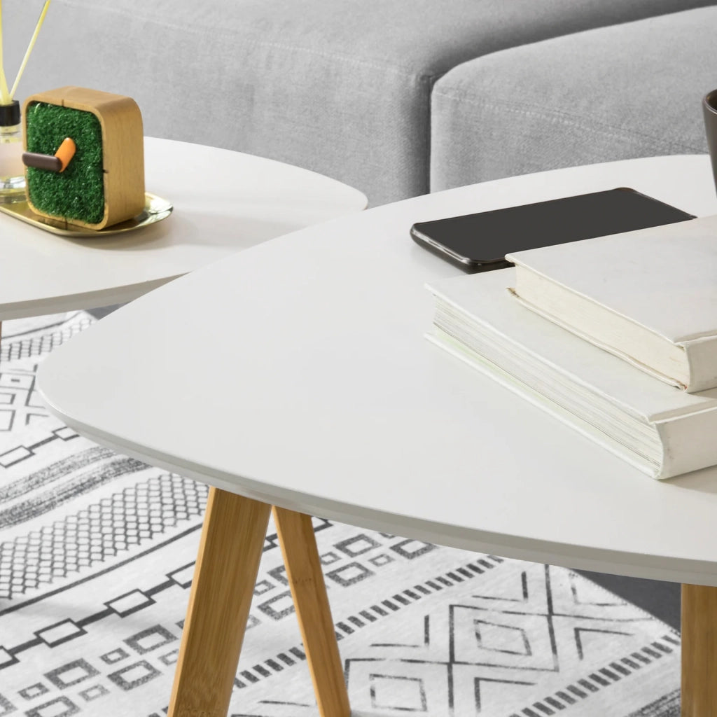 Set di 2 Tavolini Bassi da Salotto in Legno di bambù massello e MDF Tavolino Moderno Bianco FBT74-W