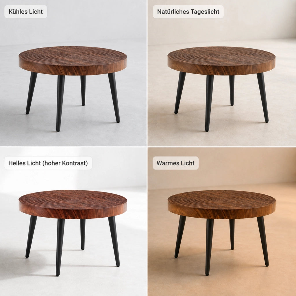 Tavolino rotondo ?60 cm in MDF effetto noce con gambe in metallo nero