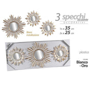 Trade Shop - Set 3 Pz Specchi Parete Bianco Oro 25/35 Cm Plastica Libera Installazione 823909 -