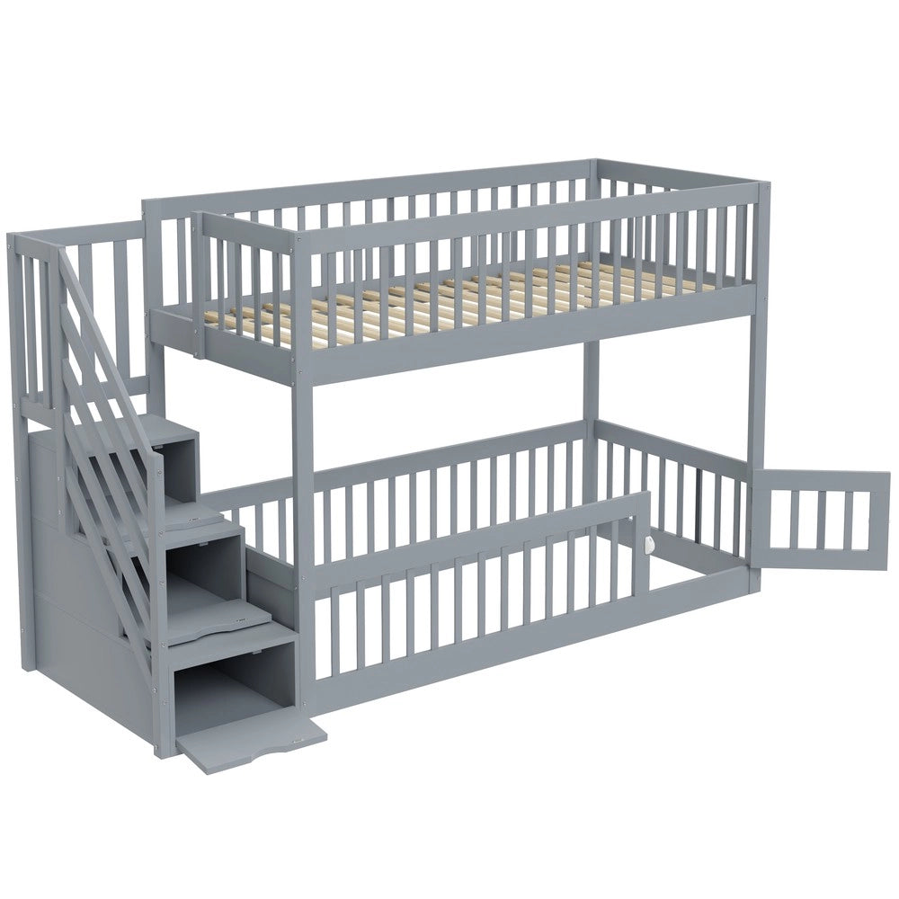 Letto a Castello 90x200 per Bambini con Scala e Cassetti ¨C Xylo ¨C Grigio, Legno