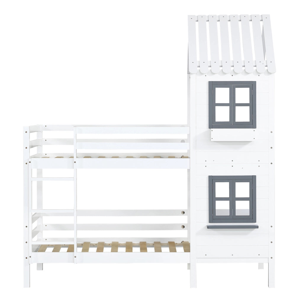 Letto a castello per bambini; 90x200cm; stile casa; con corrimano; finestra; protezione di sicurezza; bianco