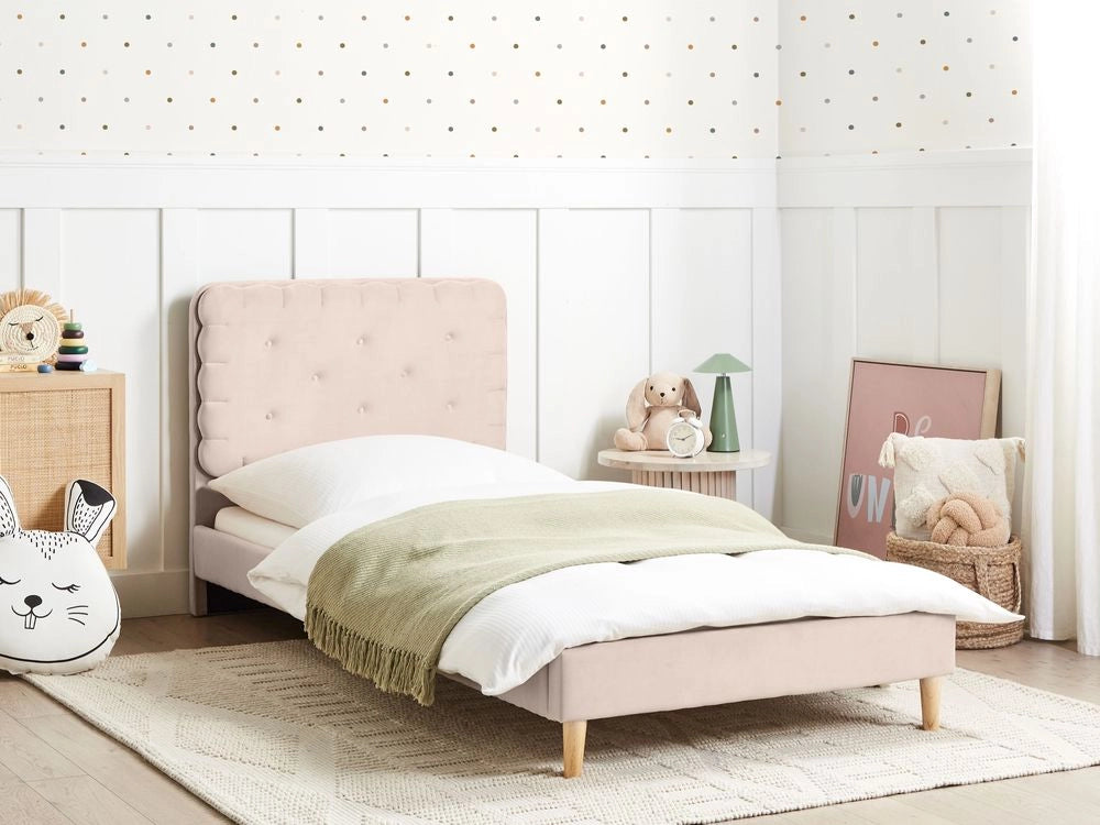 Letto Beige Velluto Imbottito Telaio Poggiatesta 90 x 200 cm Singolo Dimensione Camera da letto Bambini Camera Moderna Tradizionale