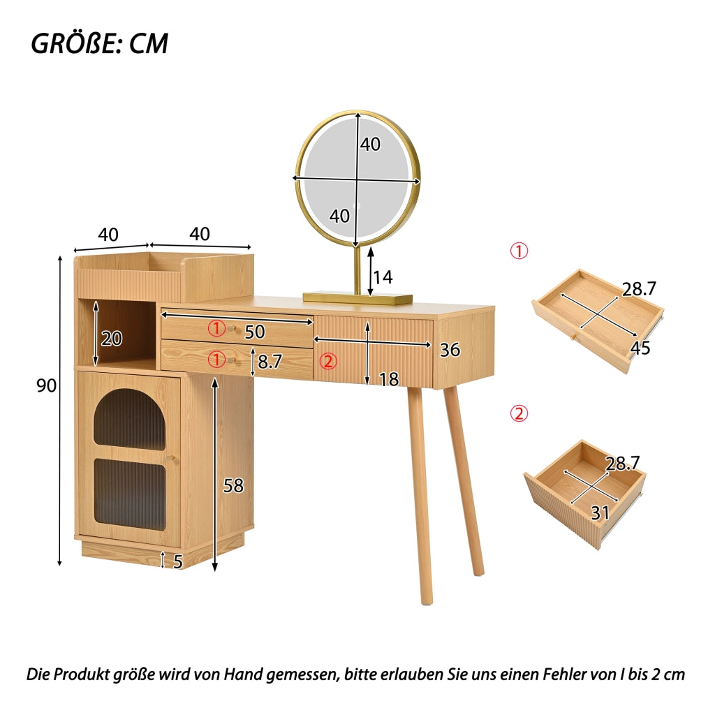Set toeletta con specchio LED a 3 colori, 3 cassetti e mobile laterale, colore naturale