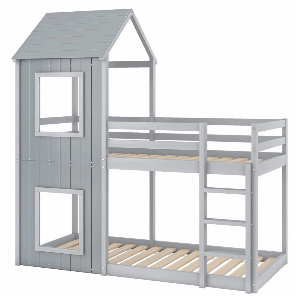Letto a castello per bambini 90x200 cm in pino e MDF; grigio; con sponde di sicurezza