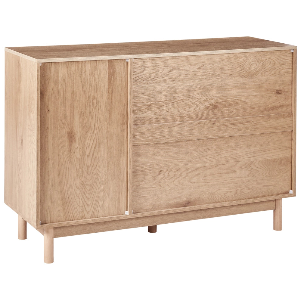 Credenza a 3 ante Marrone chiaro Pannello truciolare Frontale in rattan Gambe in legno Stile boho Mobile contenitore per soggiorno