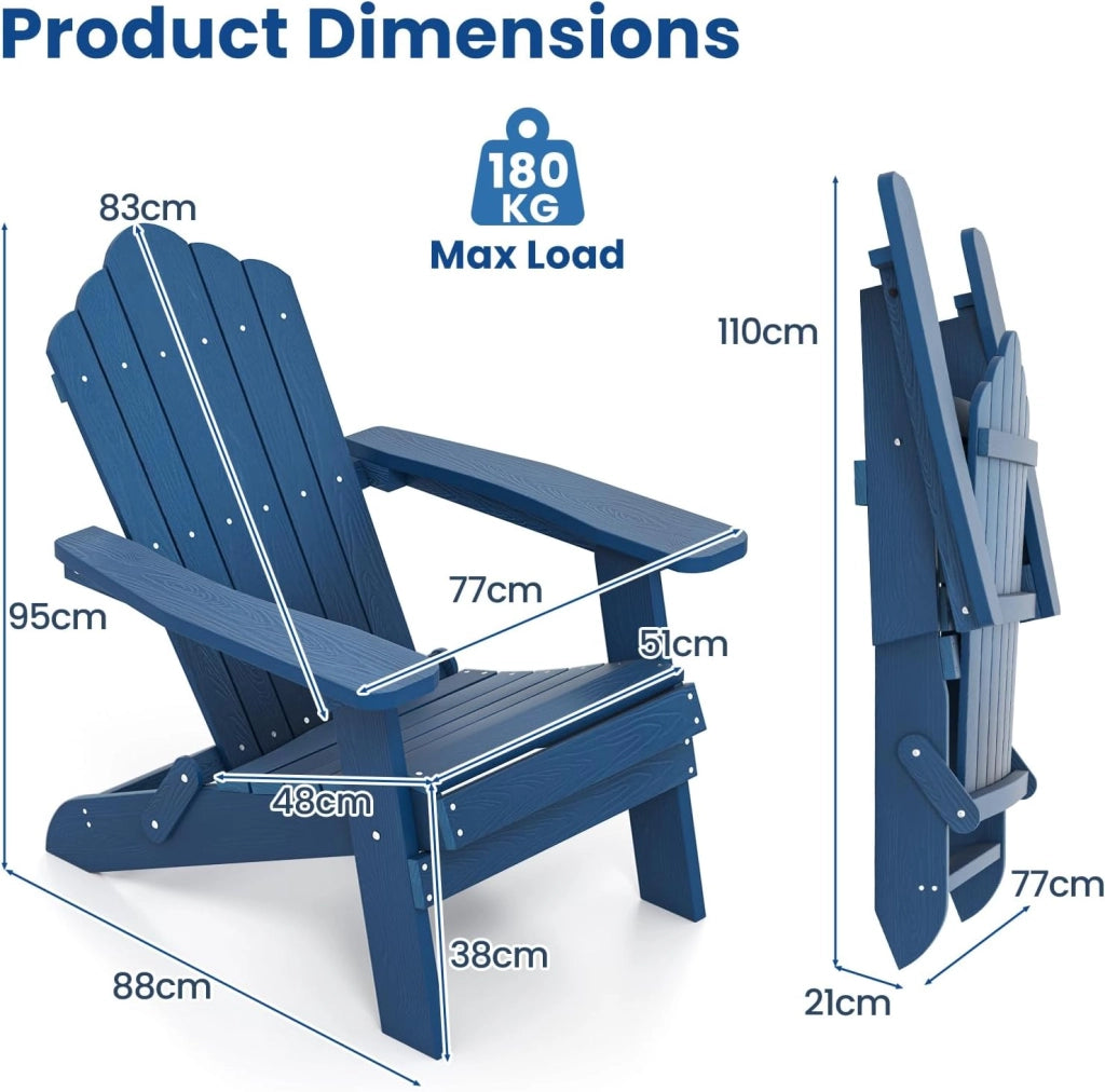 Adirondack - Sedia pieghevole, sedia da giardino con schienale inclinato e braccioli larghi, poltrona ergonomica con carico di 180 kg, seduta esterna per balcone, terrazza (blu)
