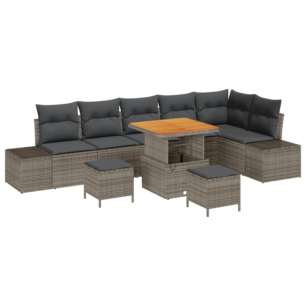 Set di Divani da Giardino 9 Pezzi con Cuscini Grigio Polyrattan Acacia