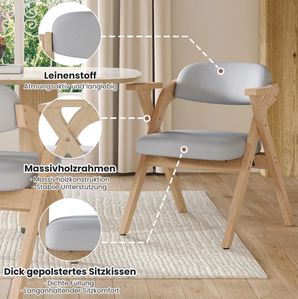 Set di 2 sedie da pranzo pieghevoli in legno massiccio; rivestimento in lino grigio