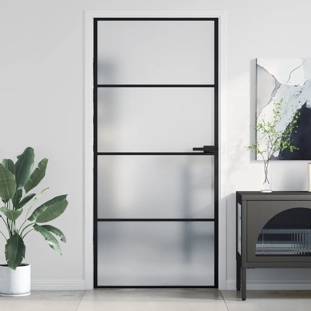 Porta Interni Sottile Nera 93x201,5cm Vetro Temperato Alluminiocod mxl 107738